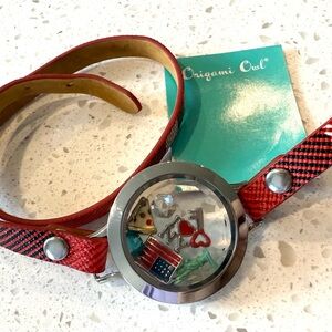 NEW Origami Owl Patriotic USA Flag Statue Liberty Pizza Leather Wrap Bracelet
